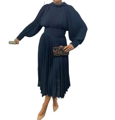 Meimeij Plisse Long Dress In Navy In Blue