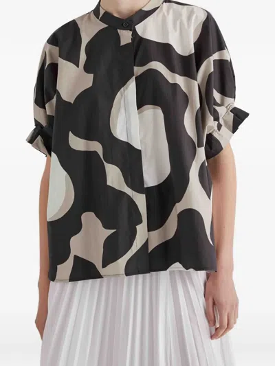 Meimeij Ruffled Abstract-print Blouse In Brown