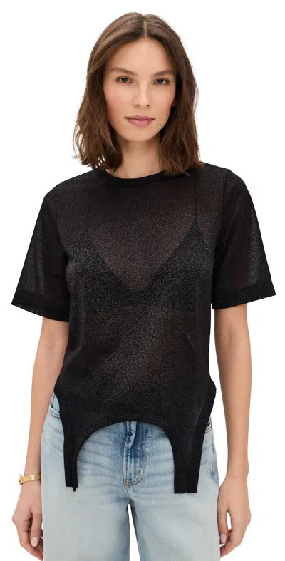 Meimeij Short Sleeve Metallic Faux Bodysuit Top Nero Metallic