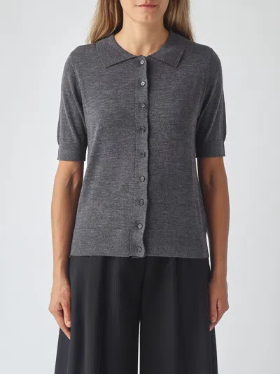 Meimeij Short-sleeve Collared Cardigan In Gray