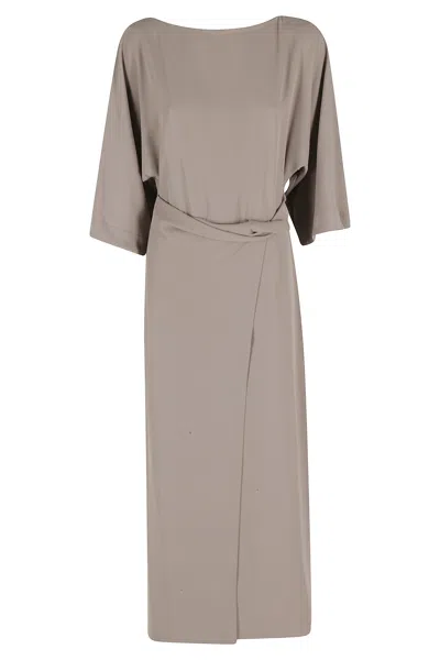 Meimeij Taupe Wrap Skirt Kimono Design Polyester Midi Dress In Brown