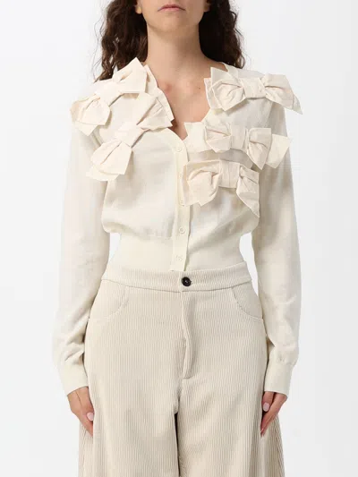 Meimeij V-neck Wool Cardigan With All-over Bow Appliqués In Yellow Cream