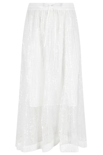 Meimeij White Sequin Appliques Mesh Elastic Waistband Polyester Midi Skirt