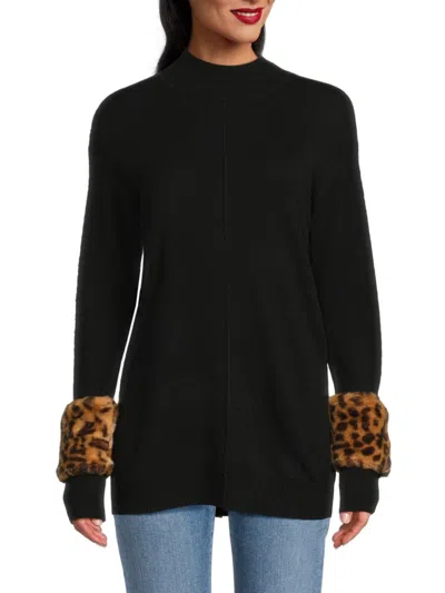 Meir Women's Leopard-print Faux Fur Cuffs Sweater Tunic In Black