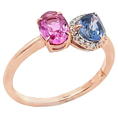 Pre-owned Meira T 14k Rose Gold Asymmetric Ring, Oval Pink & Pear Shaped Blue Sapphires In Red