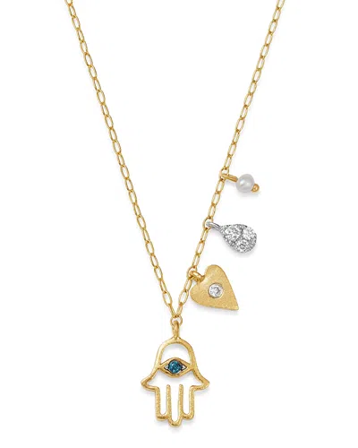 Meira T 14k Yellow Gold & 14k White Gold Diamond & Cultured Freshwater Seed Pearl Hamsa & Heart Charm Adjust
