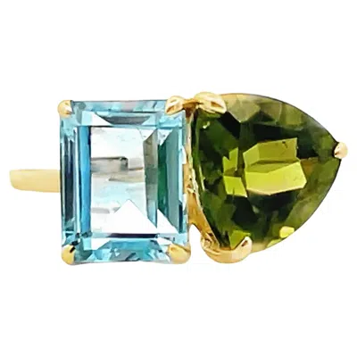 Pre-owned Meira T . 14k Yellow Gold Square Aquamarine & Peridot Prong Set Ring