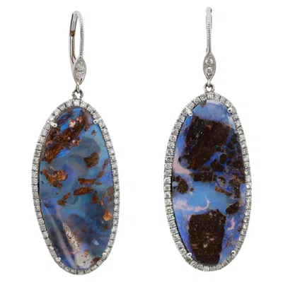 Pre-owned Meira T Boulder Opal & Diamond Drop Earrings 925 Sterling Silver 14k White Gold