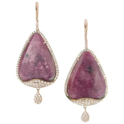 Pre-owned Meira T . Gia Certified 34.38 Carat Ruby Diamond Rose Gold Dangle Earrings In Red