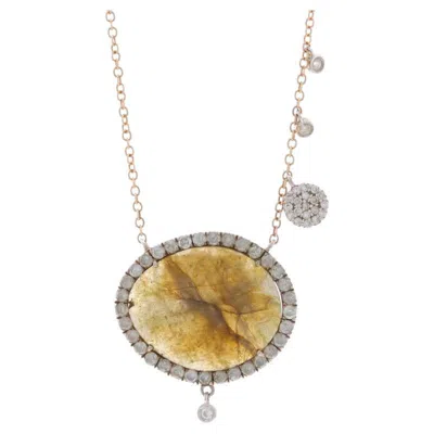 Pre-owned Meira T Labradorite Diamond Halo Pendant Necklace 16" - Rose Gold 14k 925 Oval In Red