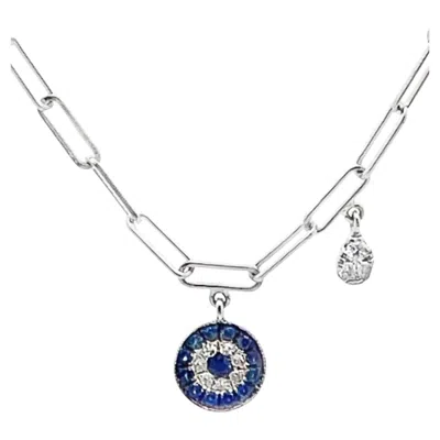 Pre-owned Meira T N13062 14k White Gold Evil Eye Paperclip Necklace Adjustable Length