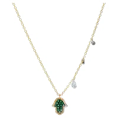 Pre-owned Meira T . N13124/ty 14k Yellow Gold Emerald Hamsa Hand Necklace