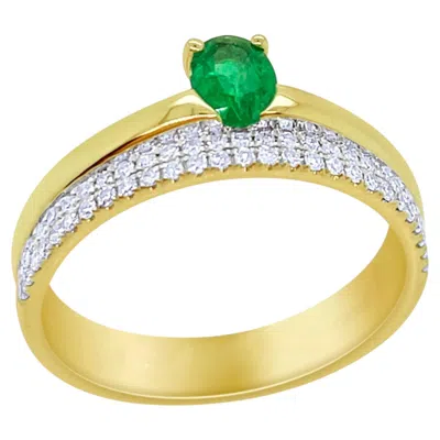Pre-owned Meira T . R10060/ye 14k Yellow Gold Doubly Row Ring With Diamonds & Oval Emerald