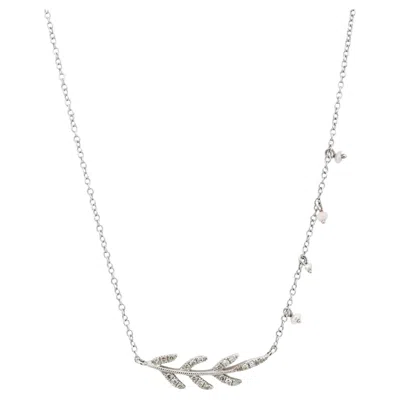 Pre-owned Meira T Round Cut Diamond & Pearls Leaf Pendant Necklace 14k White Gold
