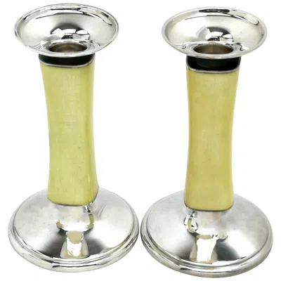 Pre-owned Meister Zurich Pair Of Sterling Silver & Enamel Candlesticks Zurich Switzerland Meister C 1960 In Sand