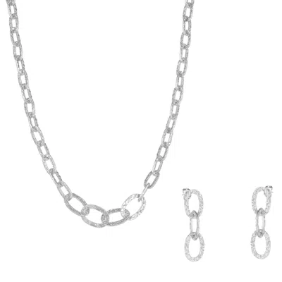 Mejoma Women's Ancient Allure Textured Silver Link Necklace & Earrings Set