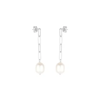 Mejoma Women's Elegant Silver Paperclip Chain Pearl Drop Earrings