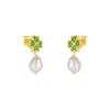 Mejoma Women's Gold / Green Four Leaves Clover Stud Pearl Drop Earrings In Gold With Green Gemstones In Multi