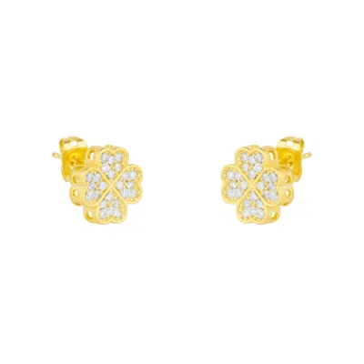 Mejoma Women's Gold / White Four Leaves Clover Stud Earring In Gold With White Gemstones