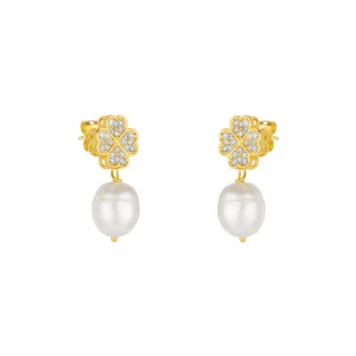 Mejoma Women's Gold / White Four Leaves Clover Stud Pearl Drop Earring In Gold With White Gemstones