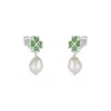 Mejoma Women's Green / Silver Four Leaves Clover Stud Pearl Drop Earring In Silver Green Gemstones