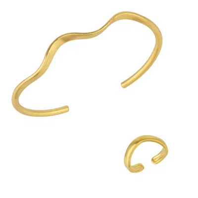 Mejoma Women's Molten Wavy Cuff Bangle Gold Bracelet & Elegance Gold Wavy Ring Set