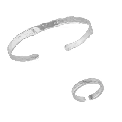 Mejoma Women's Naturally Textured Thin Cuff Bangle & Textured Hammered Ring Set In Silver