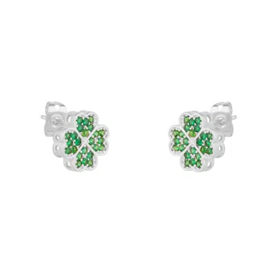 Mejoma Women's Silver / Green Four Leaves Clover Stud Earring In Silver With Green Gemstones
