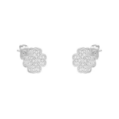Mejoma Women's Silver / White Four Leaves Clover Stud Earring In Silver With White Gemstones