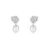 Mejoma Women's Silver / White Four Leaves Clover Stud Pearl Drop Earring In Silver With White Gemstones