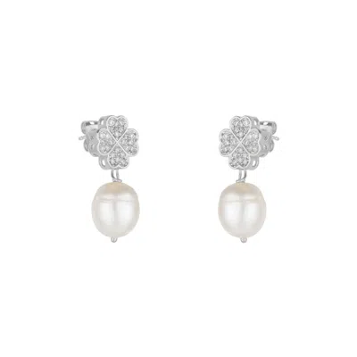Mejoma Women's Silver / White Four Leaves Clover Stud Pearl Drop Earring In Silver With White Gemstones