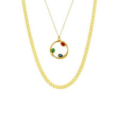 Mejoma Women's Tri-gem Harmony Gold Pendant & Large Cuban Chain Necklace Layering Gift Set
