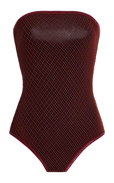 Mel Usine Carine Strapless Fishnet Bodysuit In Red