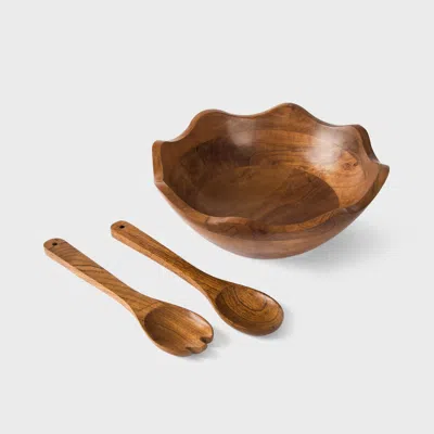 Mela Artisans Acacia Wood Large Scalloped Bowl With Servers In Brown