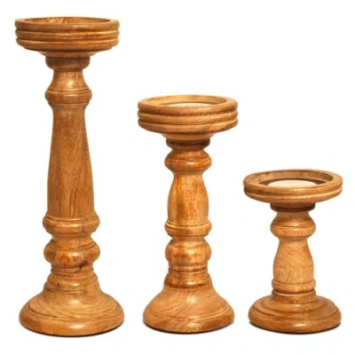 Mela Artisans Chennai Mango Wood Candle Holders In Brown