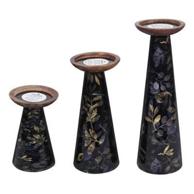Mela Artisans Deep Floral Pillar Candleholder Set In Black
