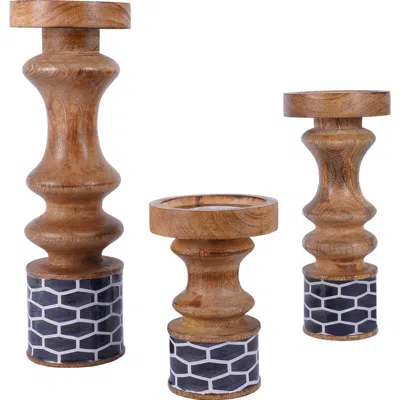 Mela Artisans Gramercy Blue Pillar Candleholder Set In Brown