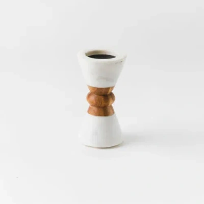 Mela Artisans Heirloom Marble & Acacia Candleholders In White