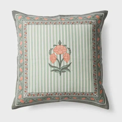 Mela Artisans Kesar Handblock Printed Cotton Cushion Cover, 18 X 18, Green & Blush Pink In Blue