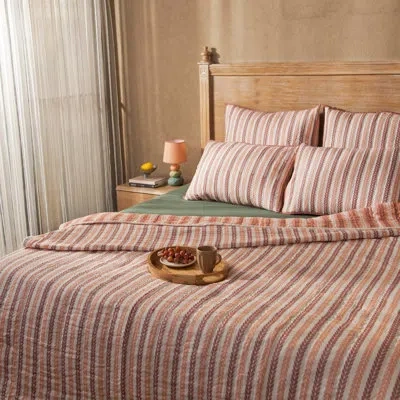 Mela Artisans Lehar Blush Pink Leafy Stripes Reversible Cotton Quilt, Twin/twin Xl 60" X 90" – Lightweight Botanic In Brown
