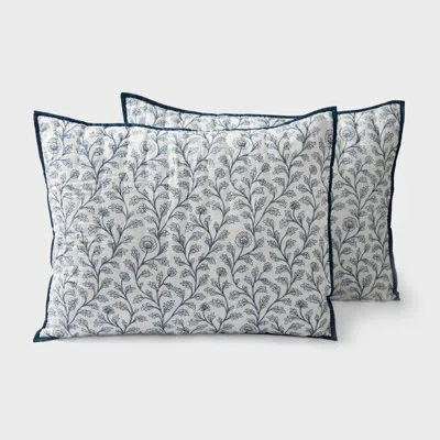 Mela Artisans Mughal Floral Blue Printed 26" X 26" Printed Euro Sham Set Of 2, Decorative Cotton Pillow Covers Wit