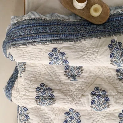 Mela Artisans Mughal Florals Blue Reversible Cotton Quilt, Twin/twin Xl 60" X 90", Lightweight Botanical Bedspread