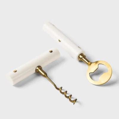 Mela Artisans Pinstripe Inlay Bar Accessories Gift Set, Wooden Box With Corkscrew & Bottle Opener In White