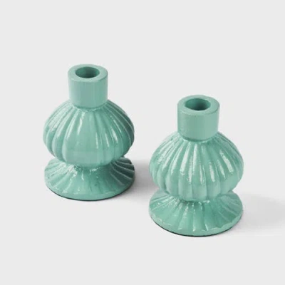 Mela Artisans Sculpted Aluminum Candlesticks In Green