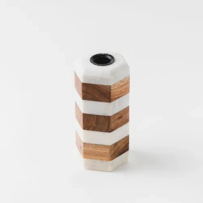 Mela Artisans Striped Marble & Acacia Candleholders In Brown