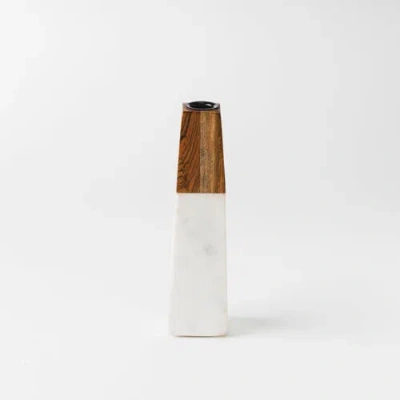 Mela Artisans Tapered White Marble & Acacia Sculptural Candleholder In Brown