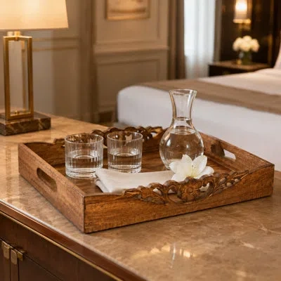Mela Artisans Trellis Blackwashed Solid Mango Wood Brown Serving Tray