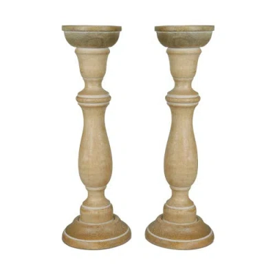 Mela Artisans Tuli Rustic White Pillar Candleholder Set Of 2 In Brown