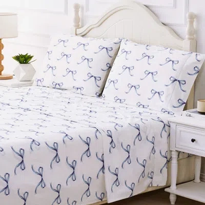 Melange Bows Printed Cotton Percale Sheet Set In Blue