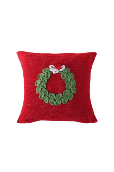 Melange Collection 10" Green Wreath Pillow In Red